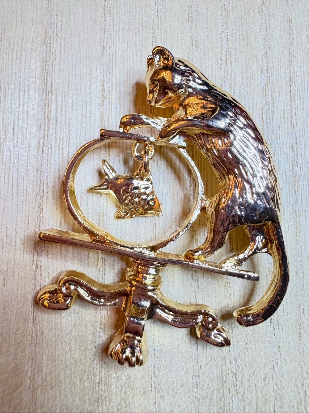 Gold Tone Cat Playing with Fish Brooch